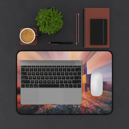 City Sunset behind a Flower Field - Desk Mat