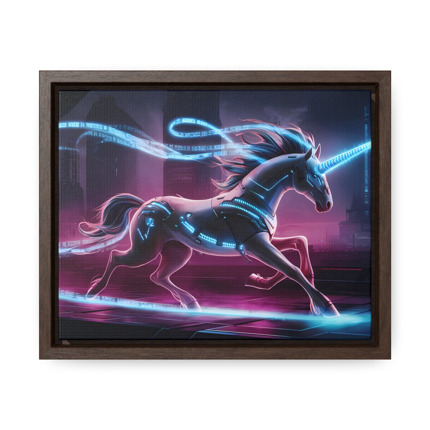 Cybernetic Unicorn in Neon Metropolis - Gallery Canvas Wraps, Horizontal Frame