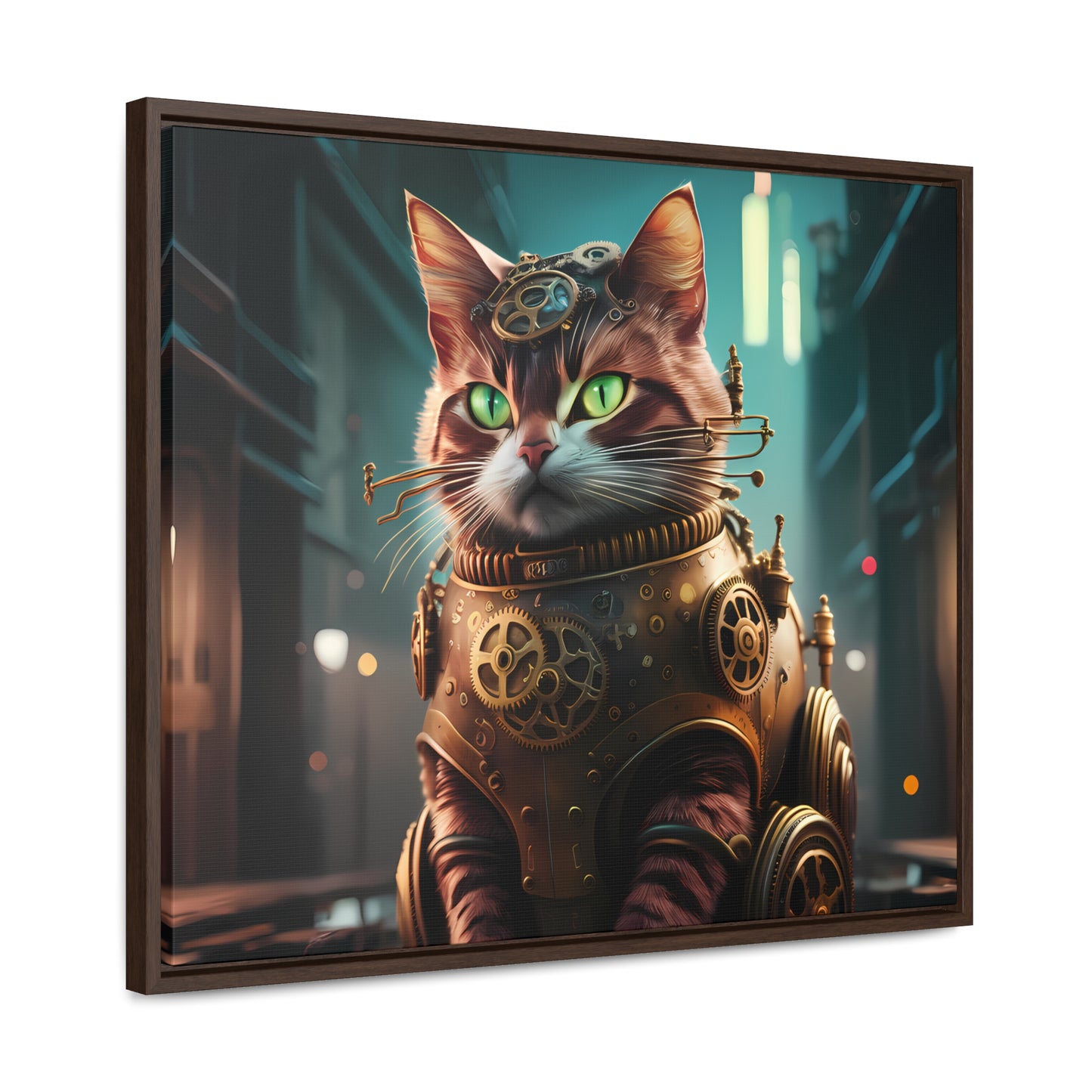 Clockwork Feline: Guardian of the Neon Alley - Gallery Canvas Wraps, Horizontal Frame