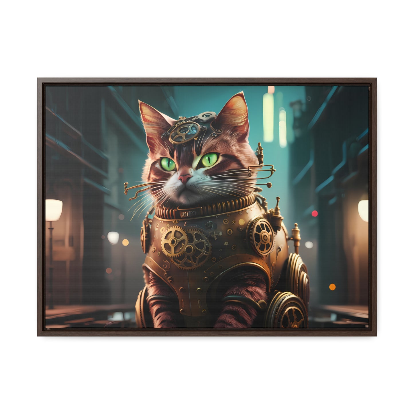 Clockwork Feline: Guardian of the Neon Alley - Gallery Canvas Wraps, Horizontal Frame