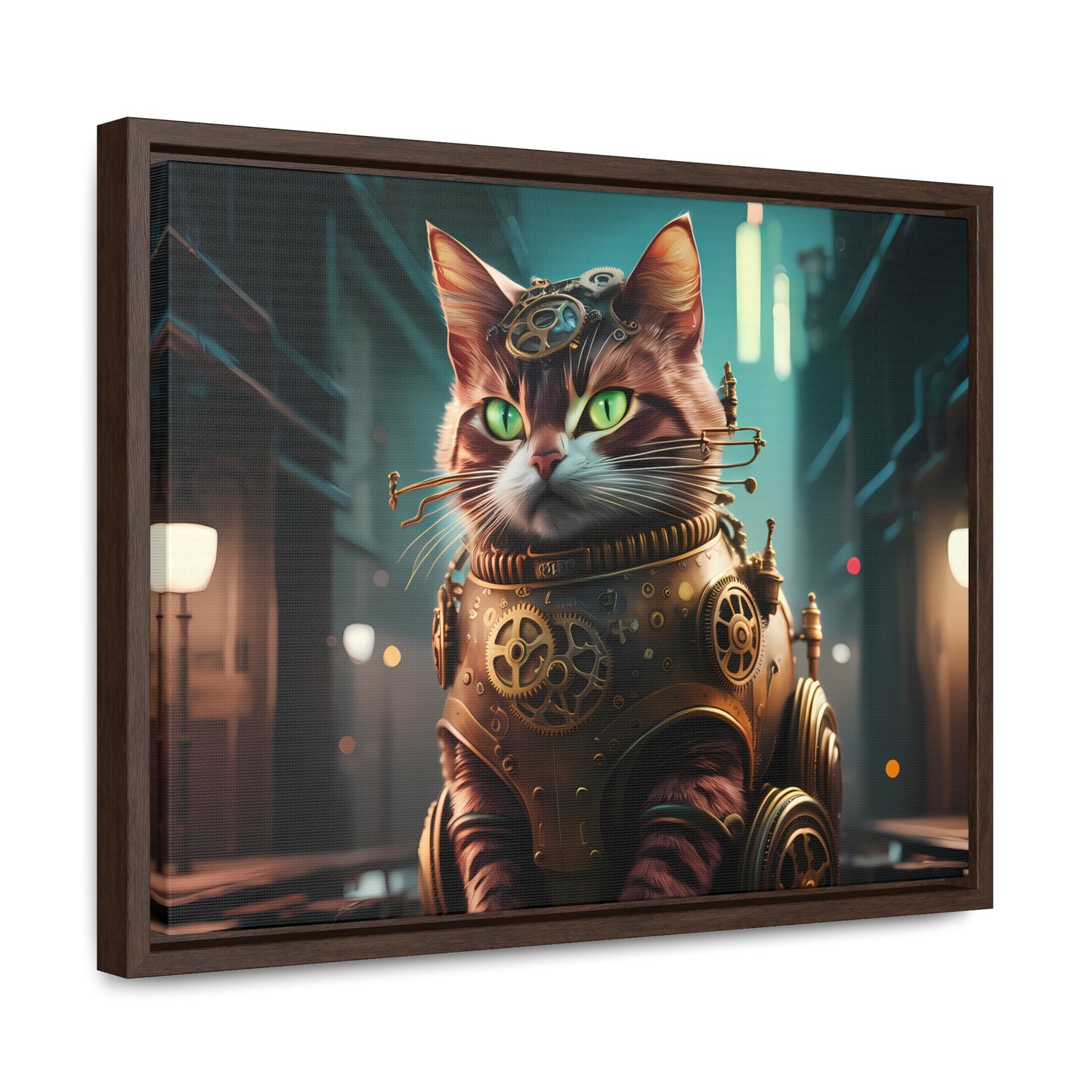 Clockwork Feline: Guardian of the Neon Alley - Gallery Canvas Wraps, Horizontal Frame