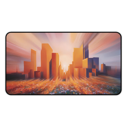 City Sunset behind a Flower Field - Desk Mat