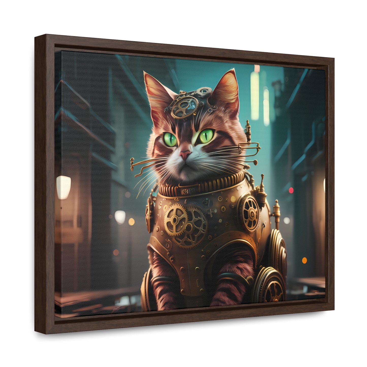 Clockwork Feline: Guardian of the Neon Alley - Gallery Canvas Wraps, Horizontal Frame