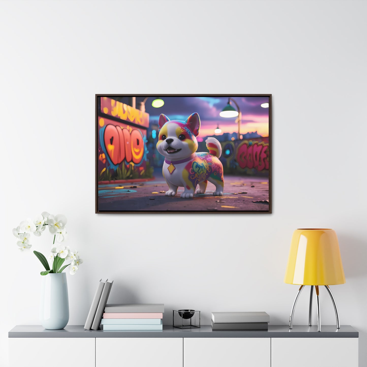 "Graffiti Pup in Neon Alley" - Gallery Canvas Wraps, Horizontal Frame