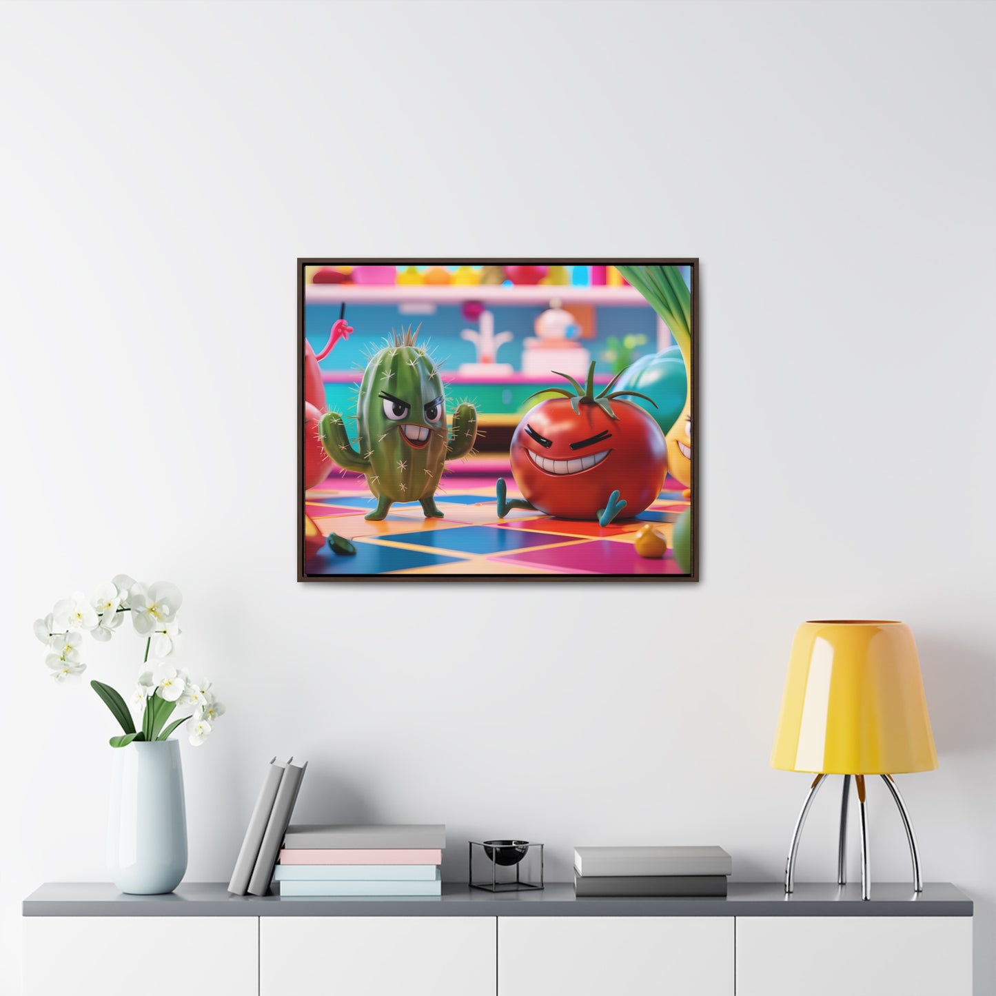 "Kitchen Showdown: The Produce Gang" - Gallery Canvas Wraps, Horizontal Frame