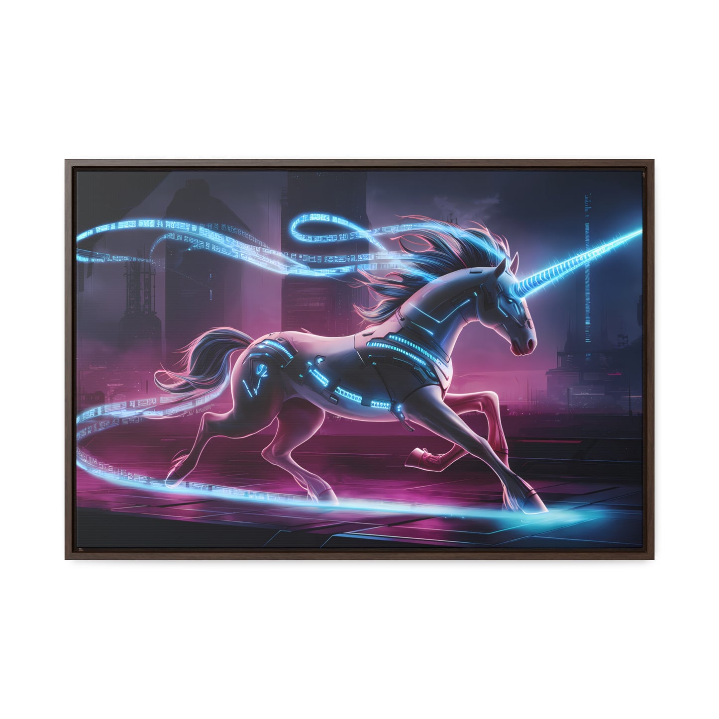 Cybernetic Unicorn in Neon Metropolis - Gallery Canvas Wraps, Horizontal Frame