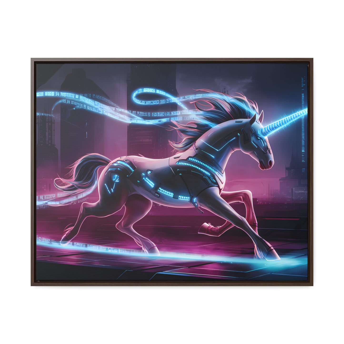 Cybernetic Unicorn in Neon Metropolis - Gallery Canvas Wraps, Horizontal Frame