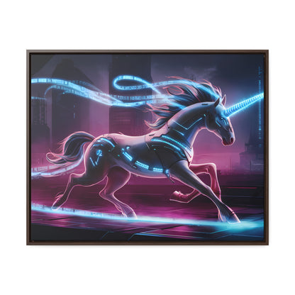 Cybernetic Unicorn in Neon Metropolis - Gallery Canvas Wraps, Horizontal Frame