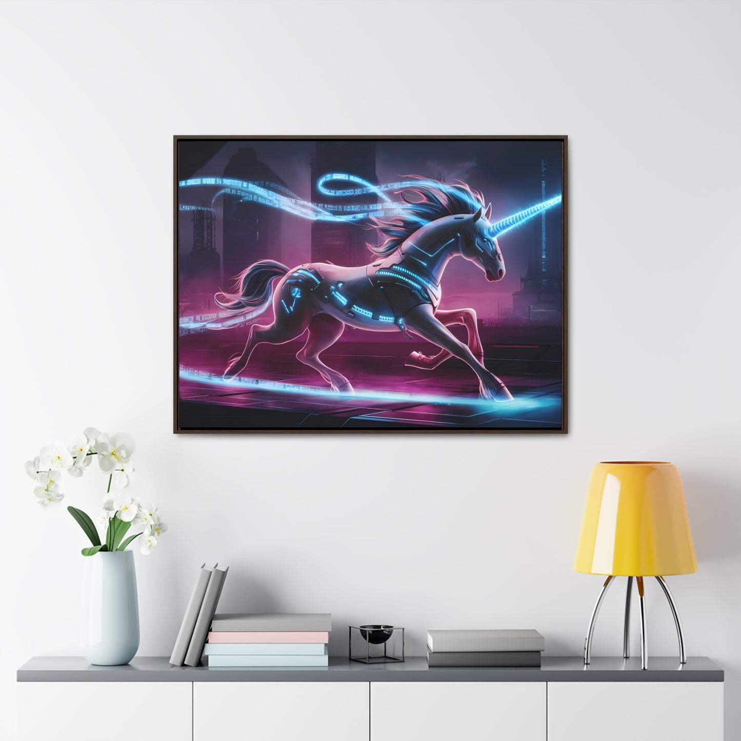 Cybernetic Unicorn in Neon Metropolis - Gallery Canvas Wraps, Horizontal Frame