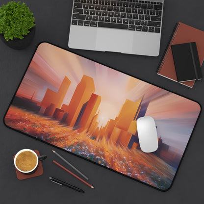 City Sunset behind a Flower Field - Desk Mat