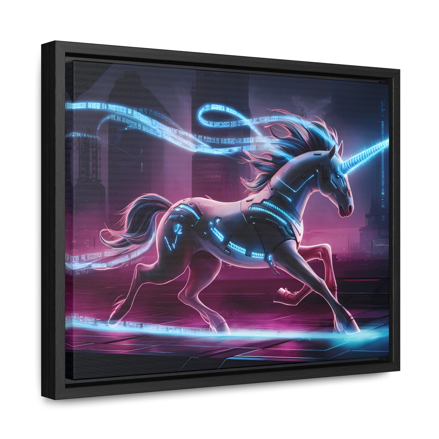 Cybernetic Unicorn in Neon Metropolis - Gallery Canvas Wraps, Horizontal Frame