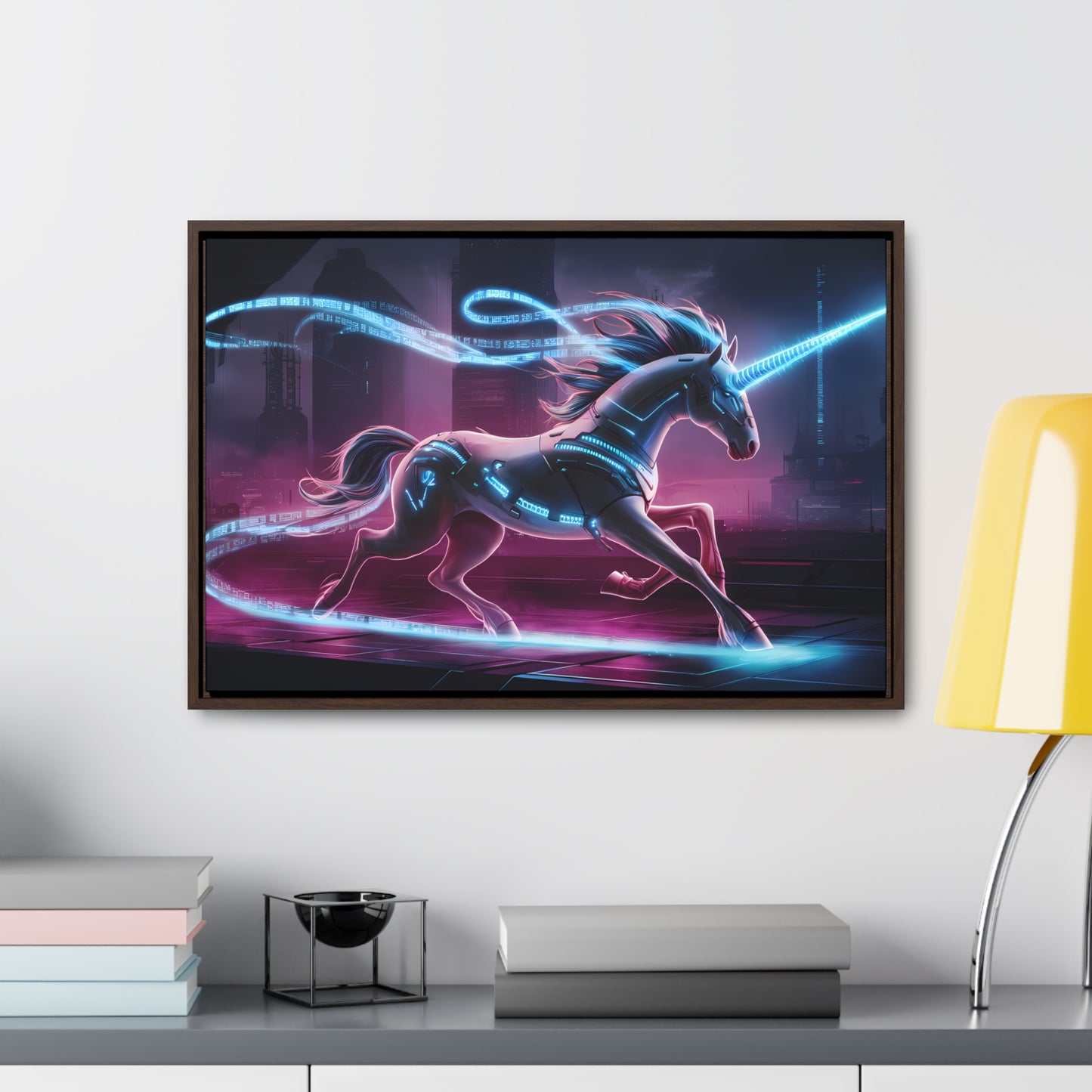 Cybernetic Unicorn in Neon Metropolis - Gallery Canvas Wraps, Horizontal Frame