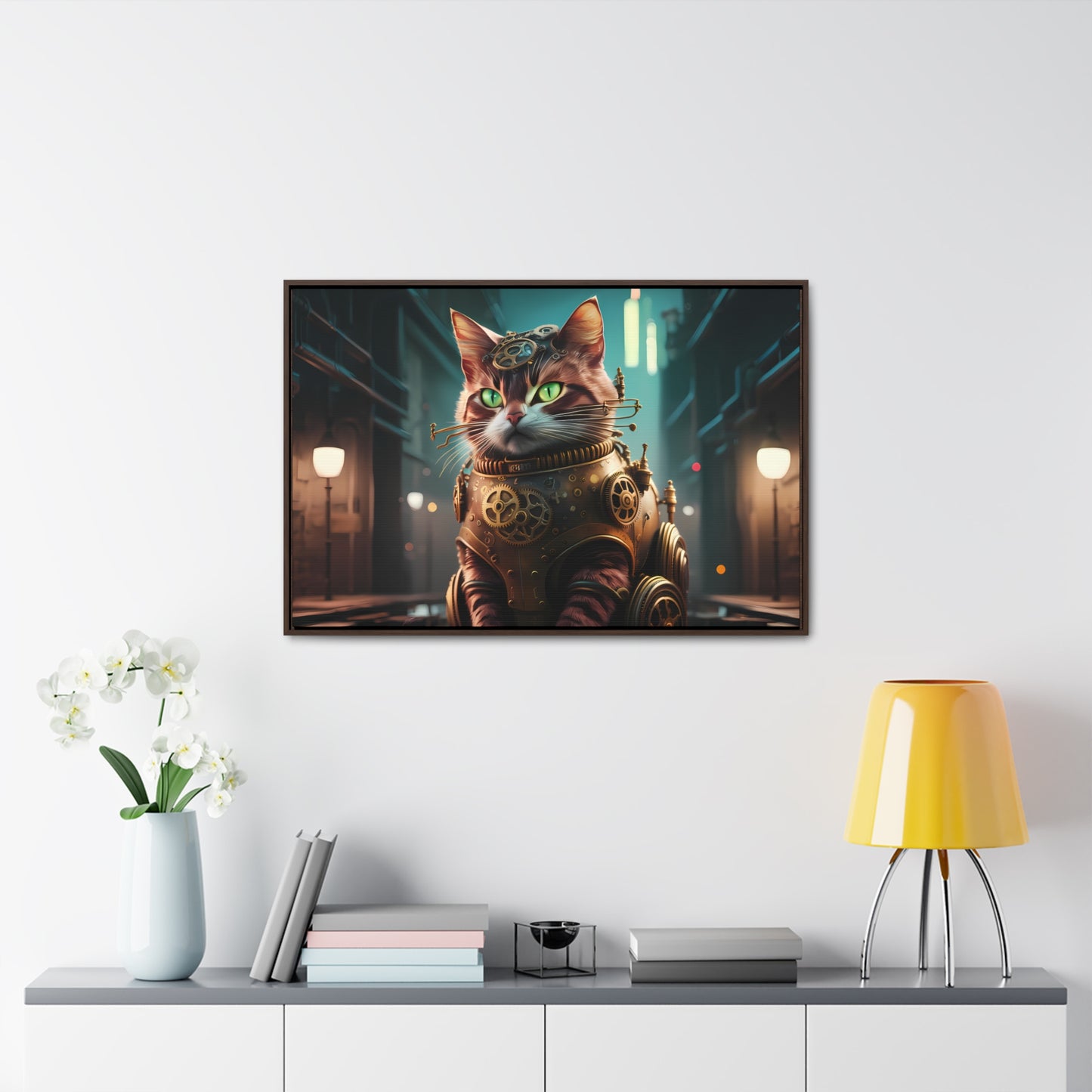 Clockwork Feline: Guardian of the Neon Alley - Gallery Canvas Wraps, Horizontal Frame