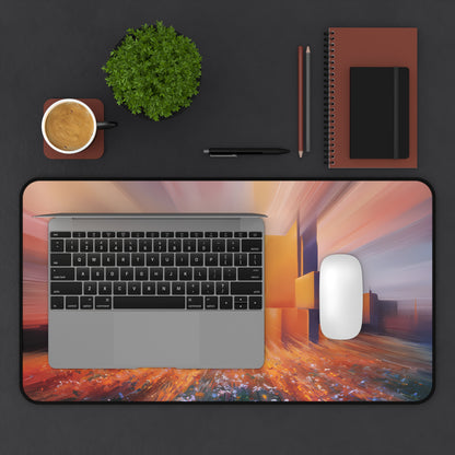 City Sunset behind a Flower Field - Desk Mat