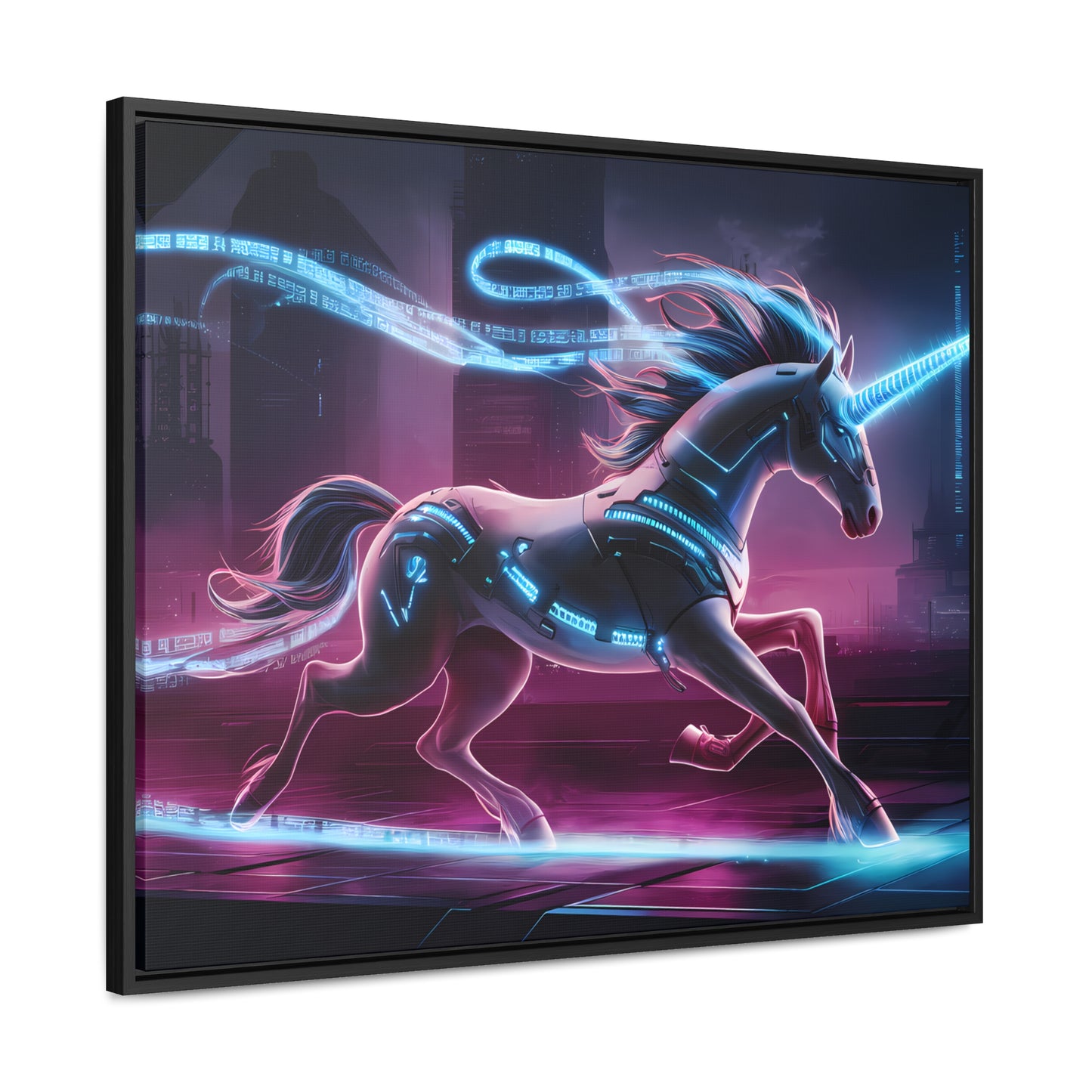 Cybernetic Unicorn in Neon Metropolis - Gallery Canvas Wraps, Horizontal Frame