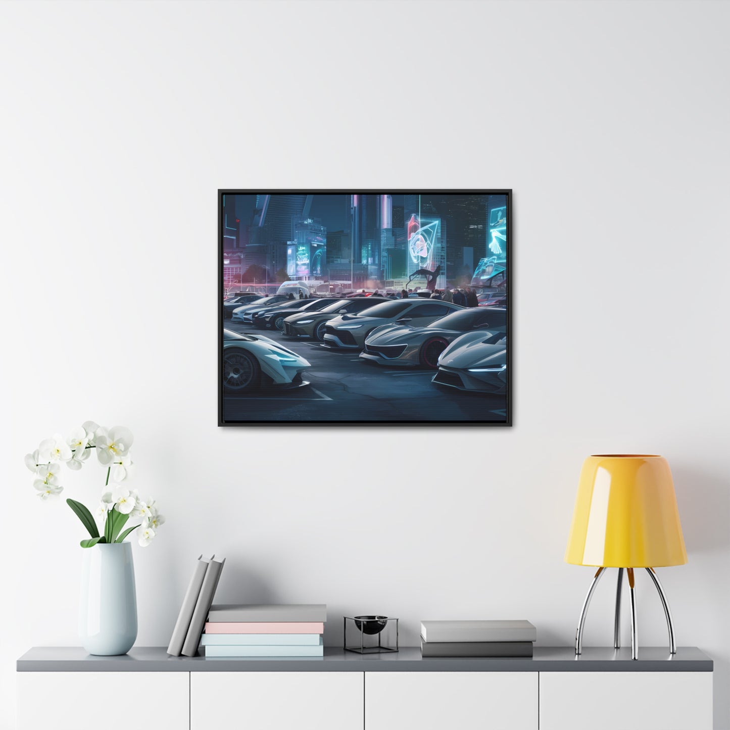 "Midnight Car Meet in Neon City" - Gallery Canvas Wraps, Horizontal Frame