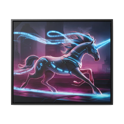 Cybernetic Unicorn in Neon Metropolis - Gallery Canvas Wraps, Horizontal Frame