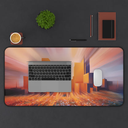 City Sunset behind a Flower Field - Desk Mat