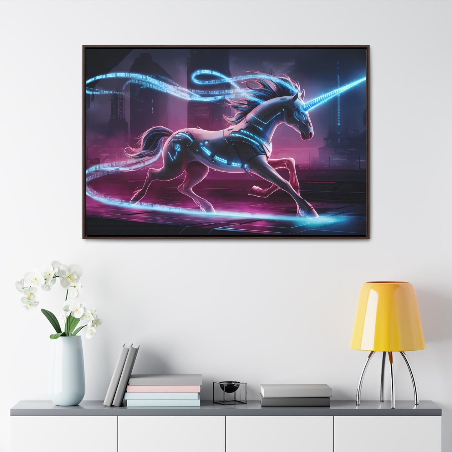 Cybernetic Unicorn in Neon Metropolis - Gallery Canvas Wraps, Horizontal Frame