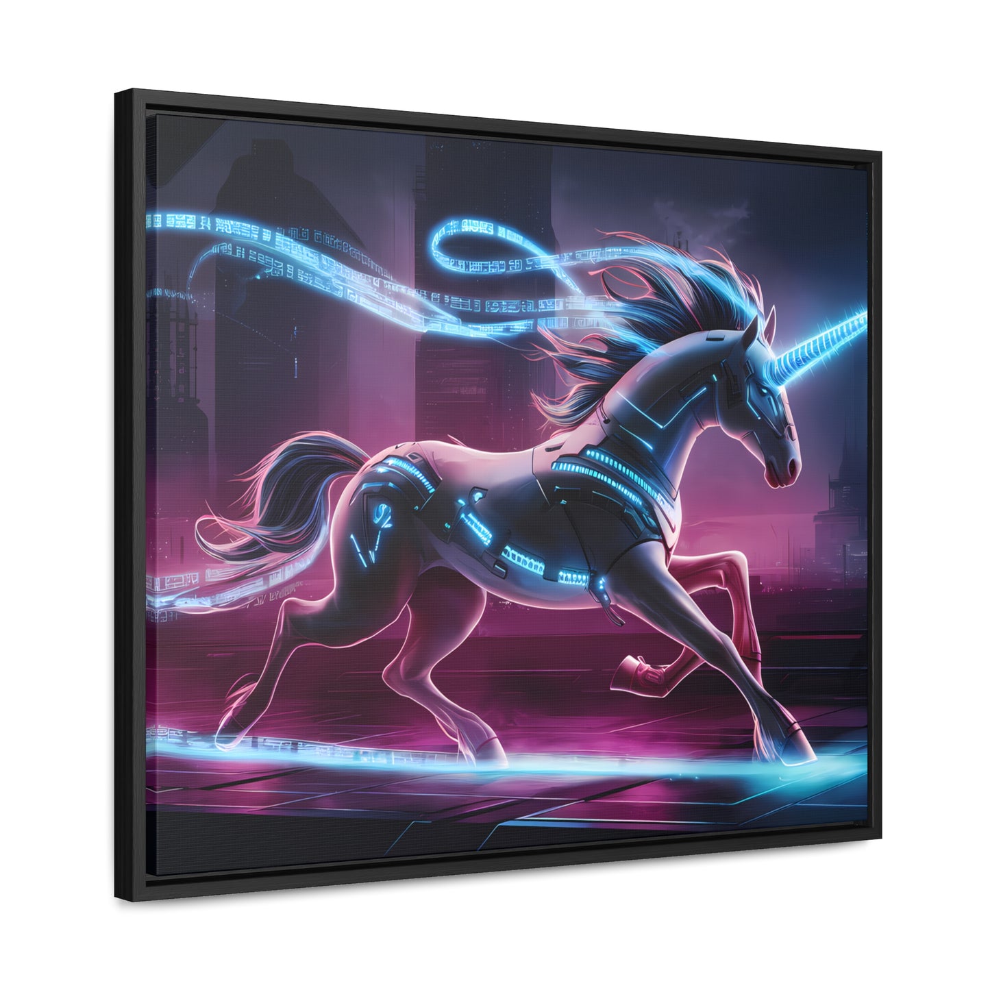 Cybernetic Unicorn in Neon Metropolis - Gallery Canvas Wraps, Horizontal Frame