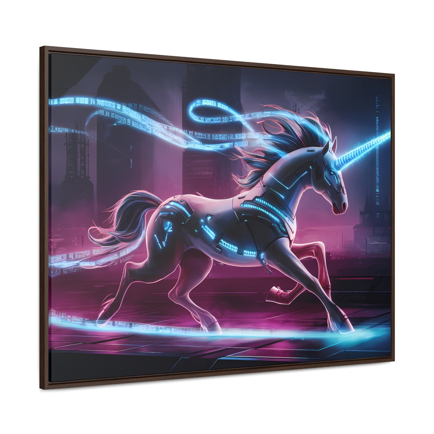 Cybernetic Unicorn in Neon Metropolis - Gallery Canvas Wraps, Horizontal Frame