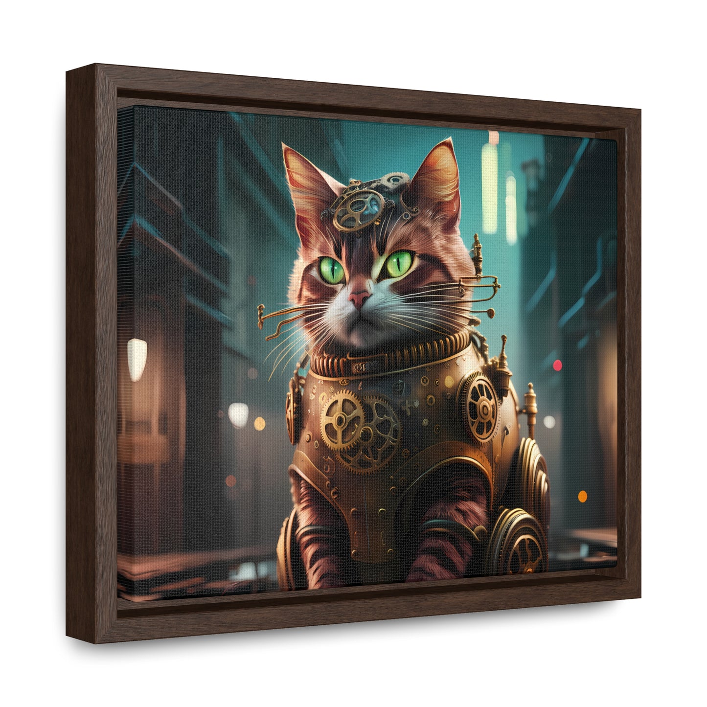 Clockwork Feline: Guardian of the Neon Alley - Gallery Canvas Wraps, Horizontal Frame