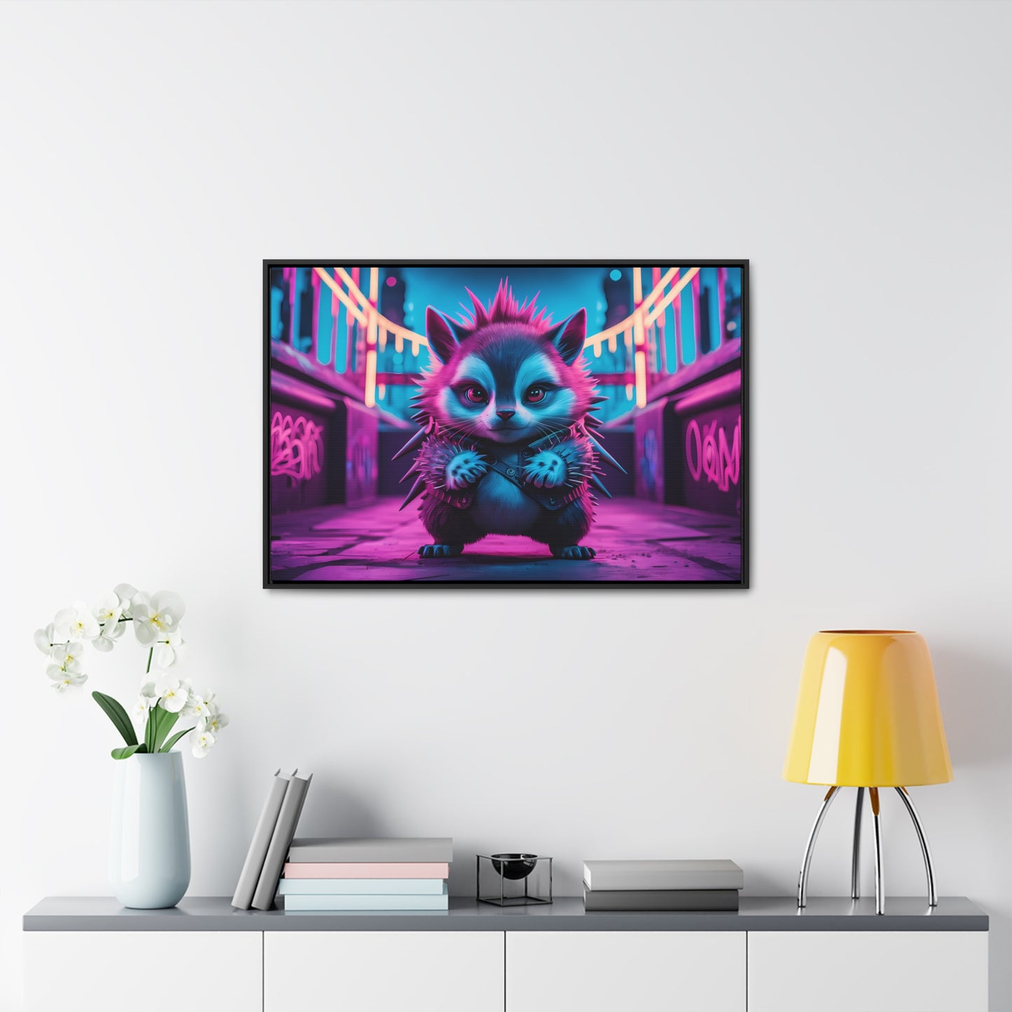 Punk Hedgehog in Neon City - Gallery Canvas Wraps, Horizontal Frame