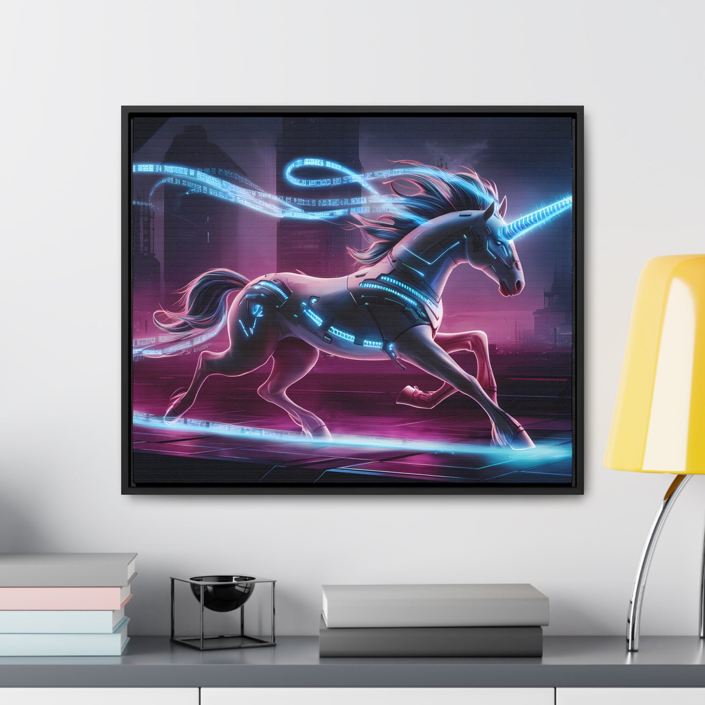 Cybernetic Unicorn in Neon Metropolis - Gallery Canvas Wraps, Horizontal Frame