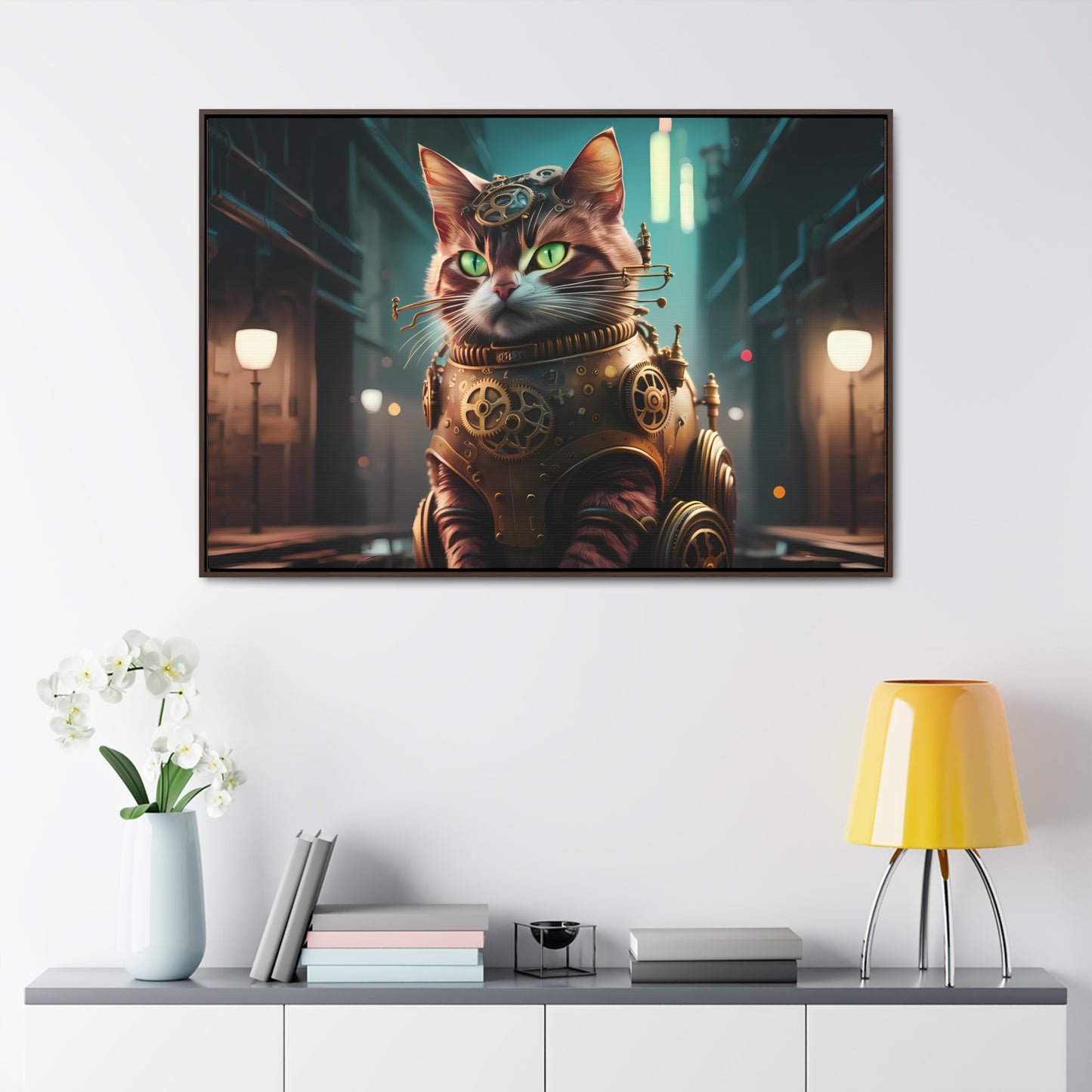 Clockwork Feline: Guardian of the Neon Alley - Gallery Canvas Wraps, Horizontal Frame