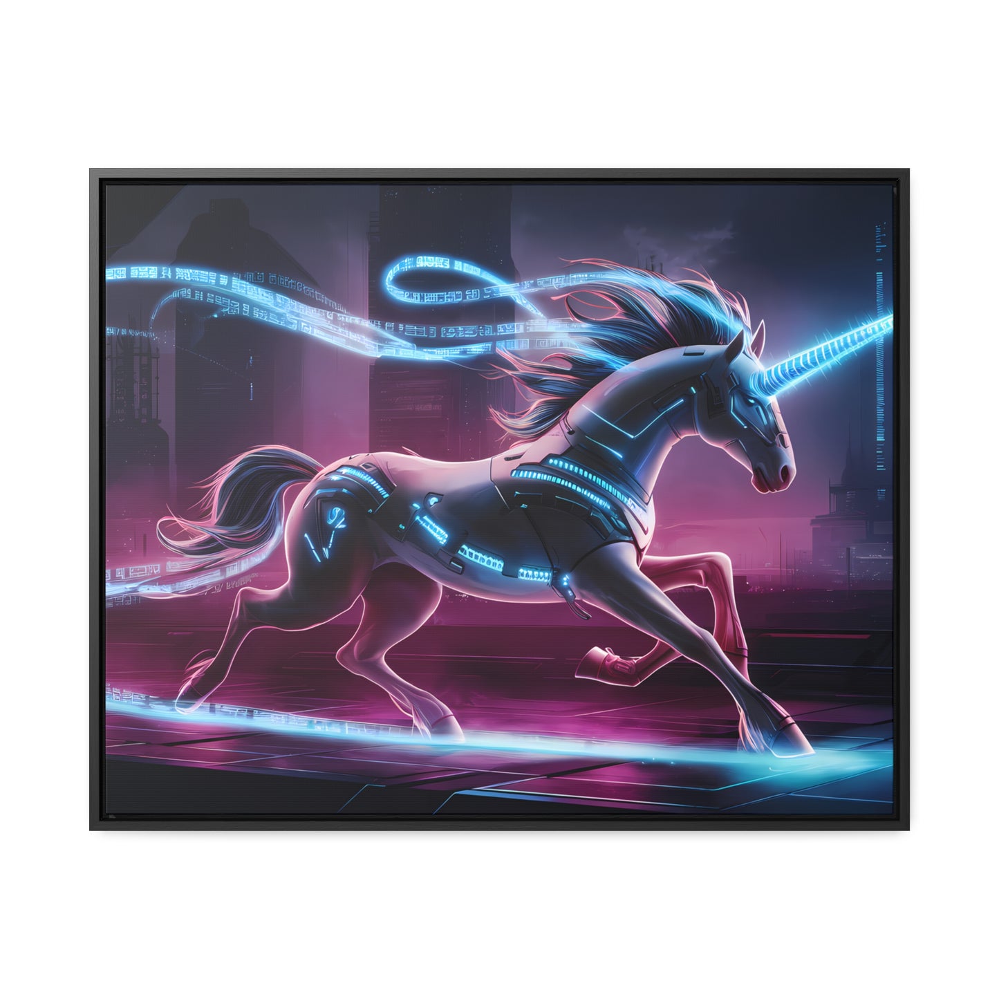 Cybernetic Unicorn in Neon Metropolis - Gallery Canvas Wraps, Horizontal Frame