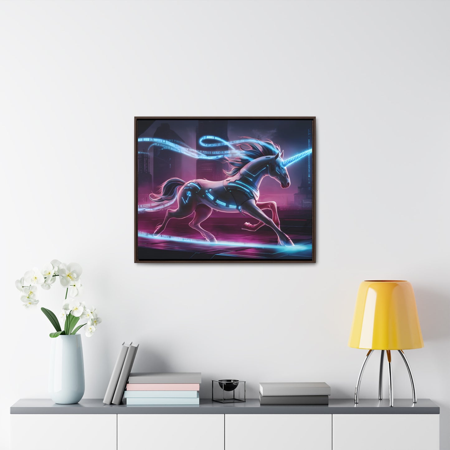 Cybernetic Unicorn in Neon Metropolis - Gallery Canvas Wraps, Horizontal Frame