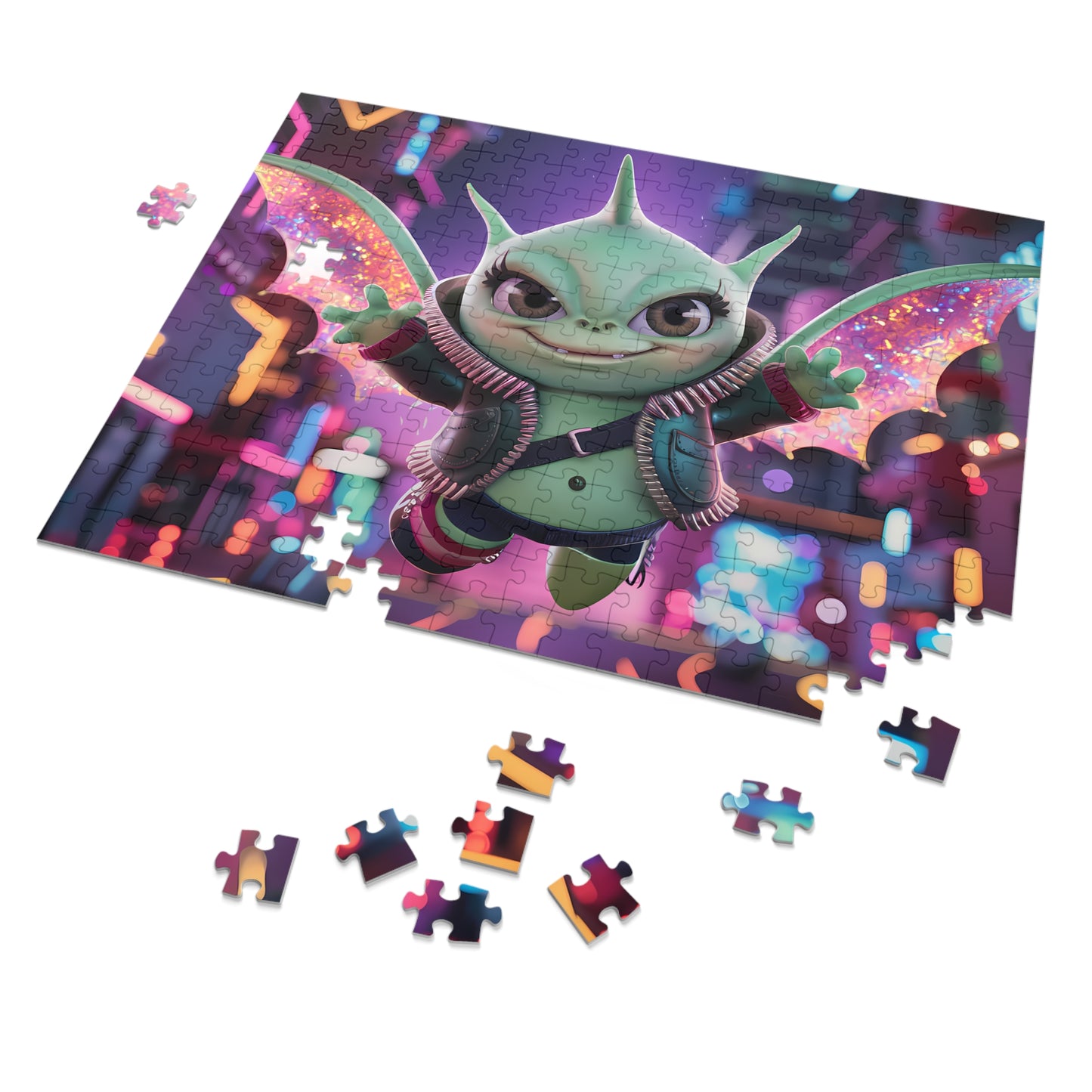 Cyberpunk Dragonling in Neon City - Jigsaw Puzzle (30, 110, 252, 500,1000-Piece)