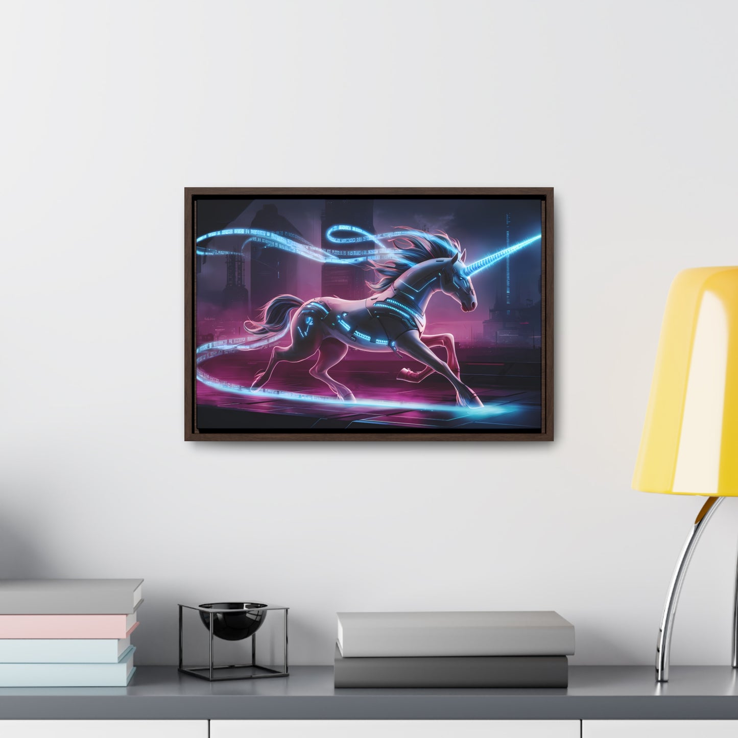 Cybernetic Unicorn in Neon Metropolis - Gallery Canvas Wraps, Horizontal Frame