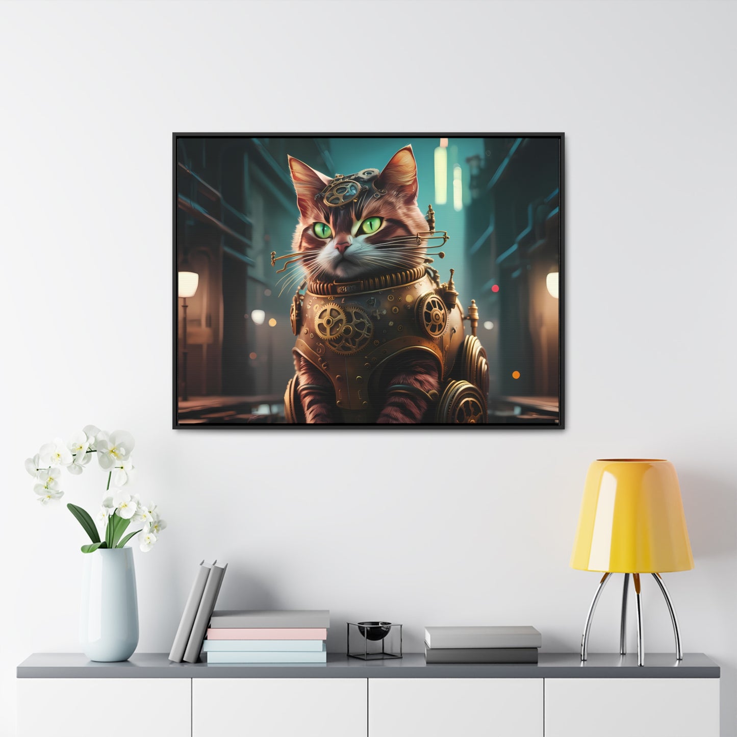 Clockwork Feline: Guardian of the Neon Alley - Gallery Canvas Wraps, Horizontal Frame