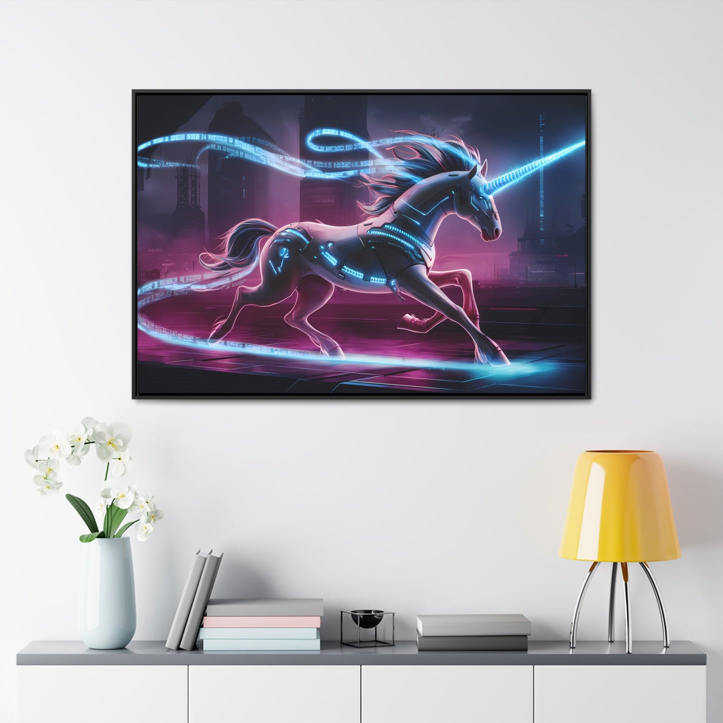 Cybernetic Unicorn in Neon Metropolis - Gallery Canvas Wraps, Horizontal Frame