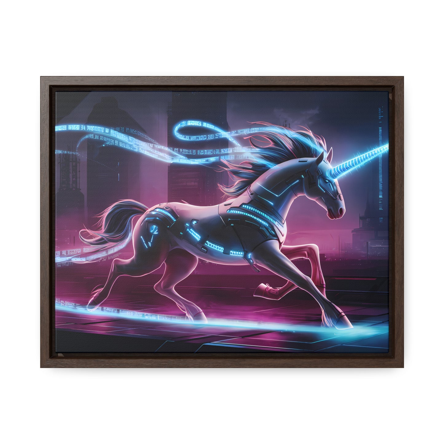 Cybernetic Unicorn in Neon Metropolis - Gallery Canvas Wraps, Horizontal Frame