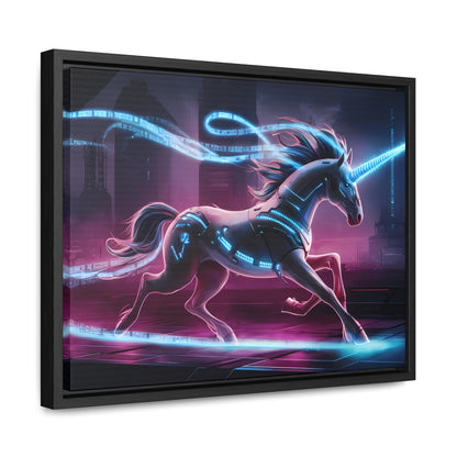 Cybernetic Unicorn in Neon Metropolis - Gallery Canvas Wraps, Horizontal Frame