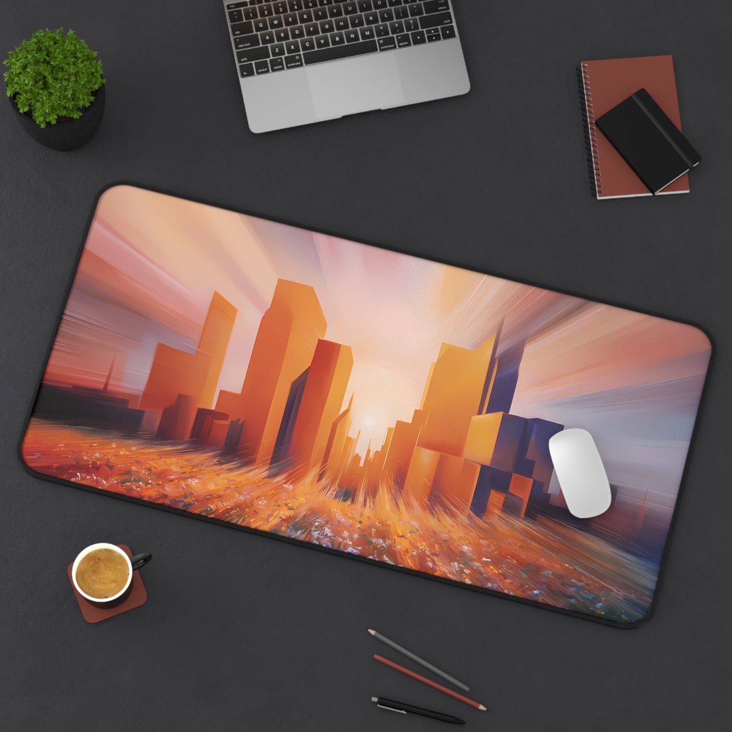 City Sunset behind a Flower Field - Desk Mat