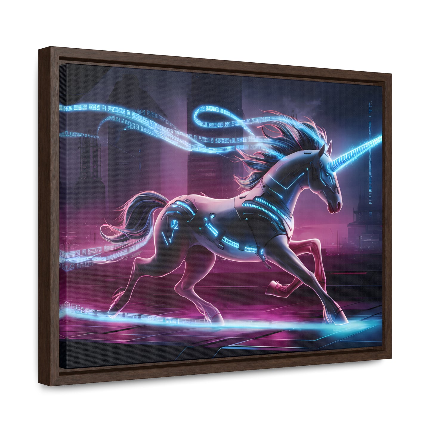 Cybernetic Unicorn in Neon Metropolis - Gallery Canvas Wraps, Horizontal Frame