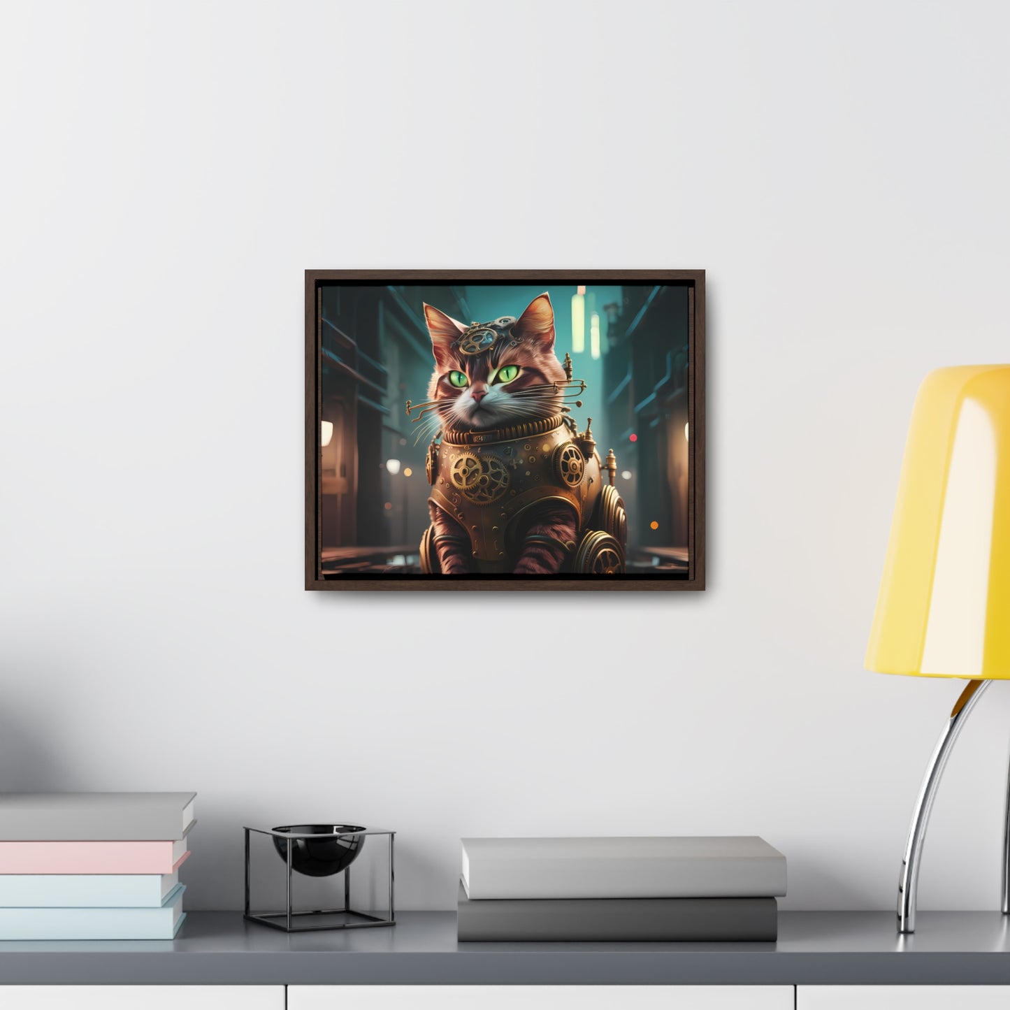 Clockwork Feline: Guardian of the Neon Alley - Gallery Canvas Wraps, Horizontal Frame