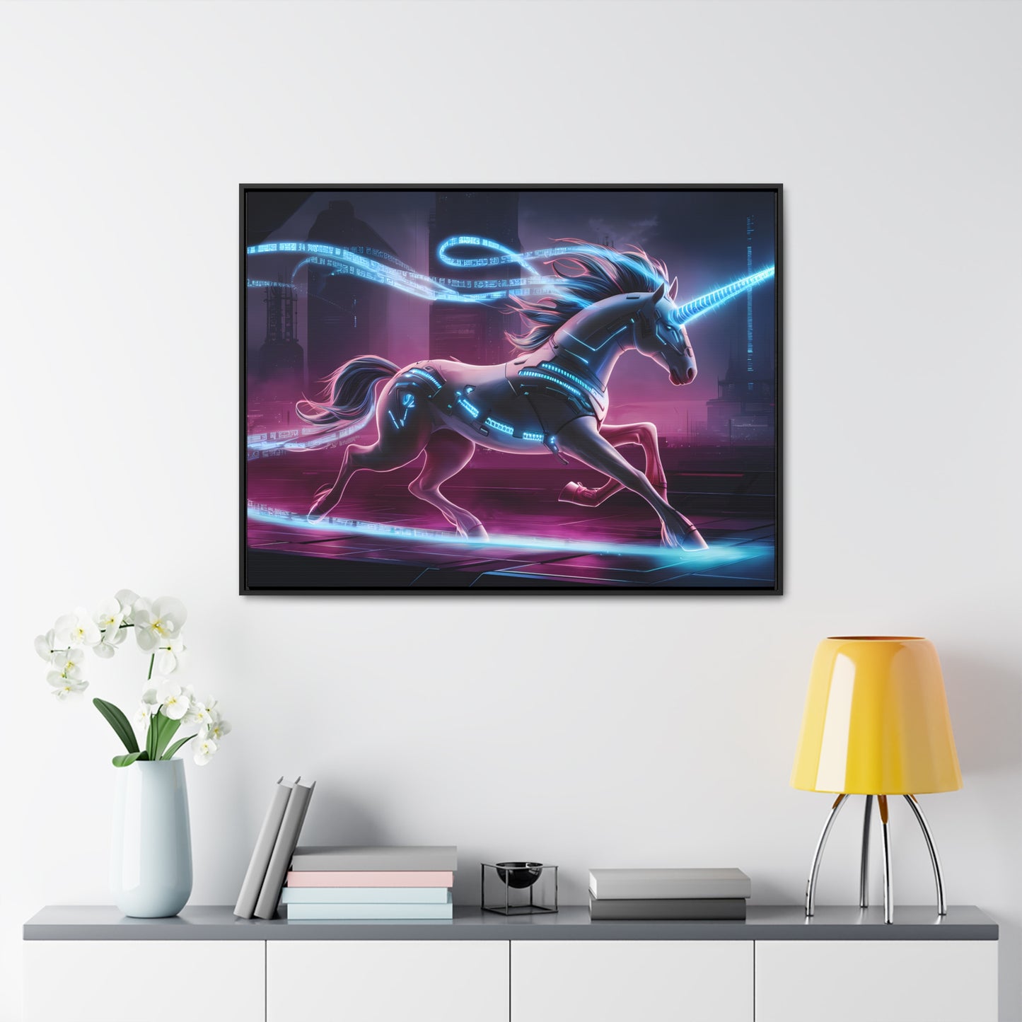 Cybernetic Unicorn in Neon Metropolis - Gallery Canvas Wraps, Horizontal Frame