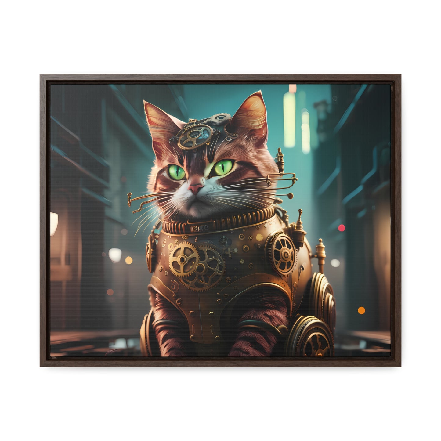 Clockwork Feline: Guardian of the Neon Alley - Gallery Canvas Wraps, Horizontal Frame