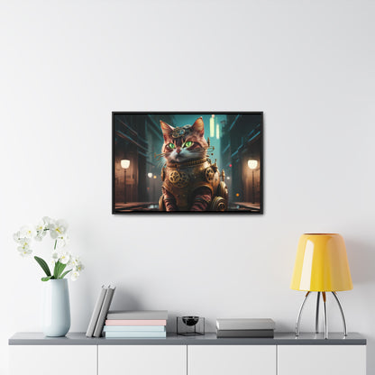 Clockwork Feline: Guardian of the Neon Alley - Gallery Canvas Wraps, Horizontal Frame