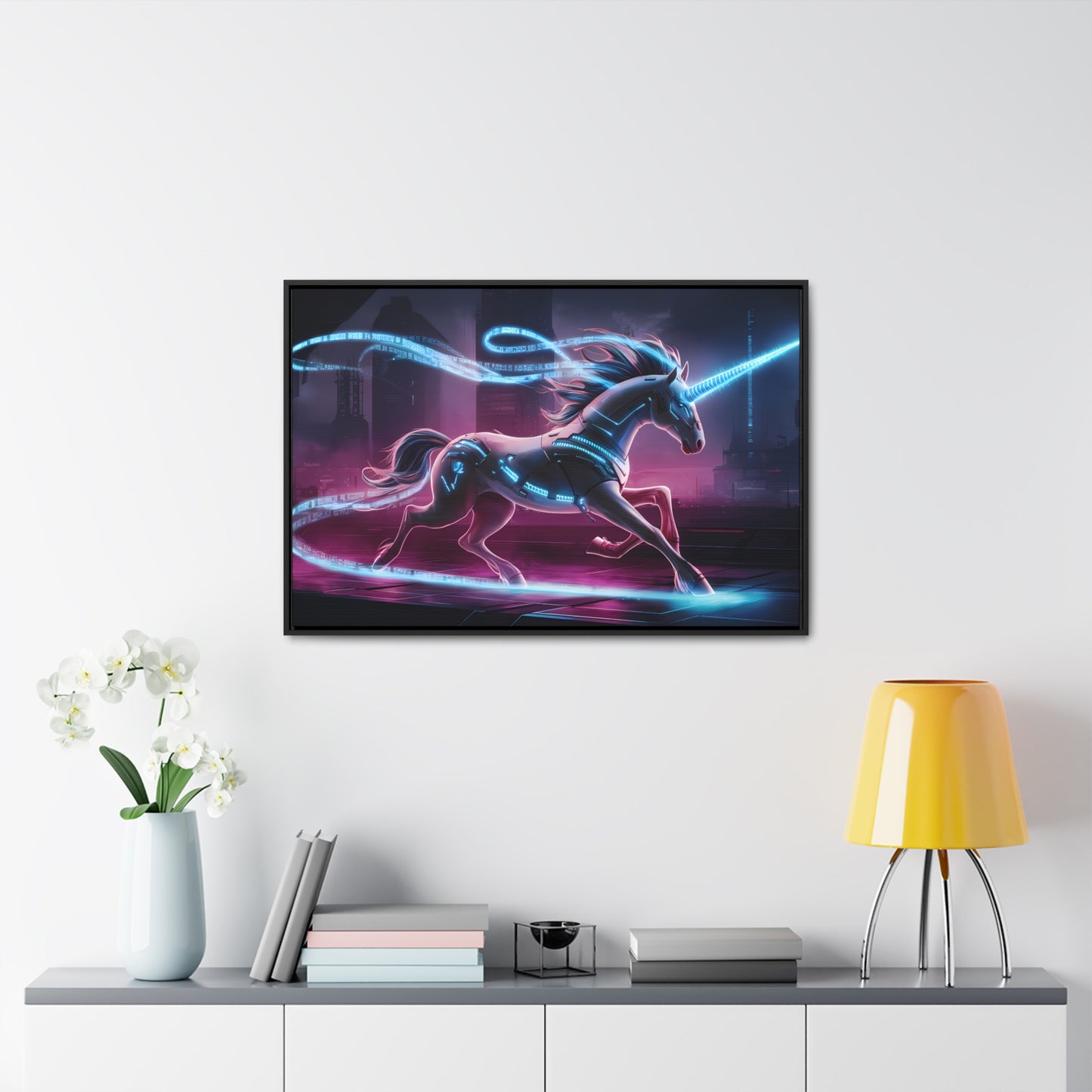 Cybernetic Unicorn in Neon Metropolis - Gallery Canvas Wraps, Horizontal Frame