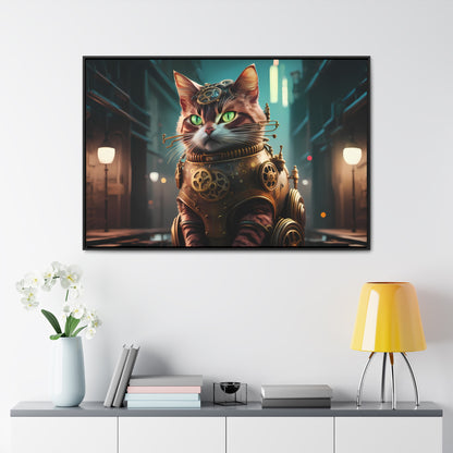 Clockwork Feline: Guardian of the Neon Alley - Gallery Canvas Wraps, Horizontal Frame