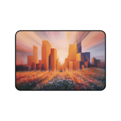 City Sunset behind a Flower Field - Desk Mat