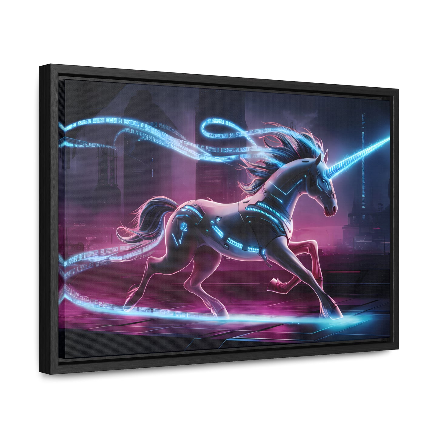 Cybernetic Unicorn in Neon Metropolis - Gallery Canvas Wraps, Horizontal Frame