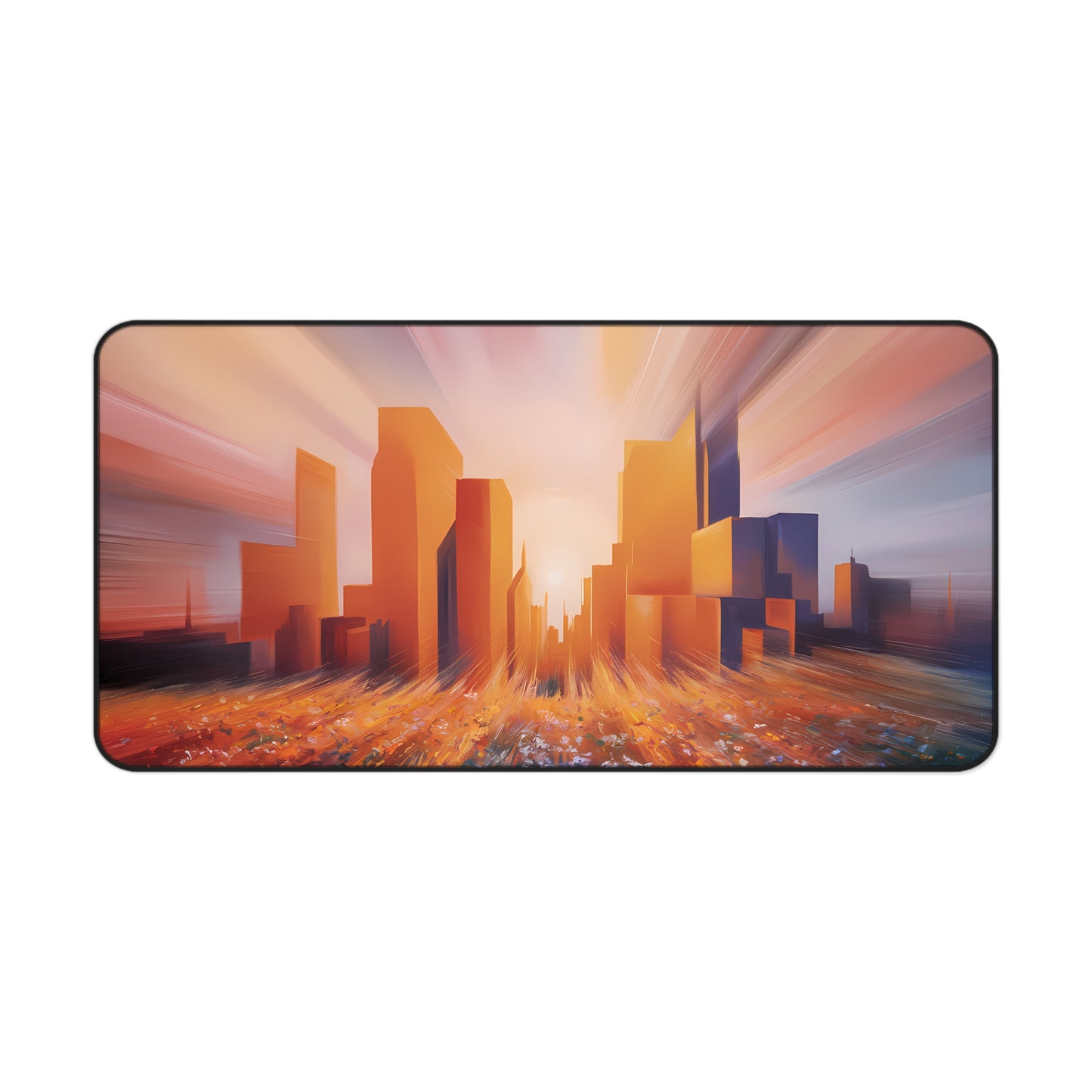 City Sunset behind a Flower Field - Desk Mat