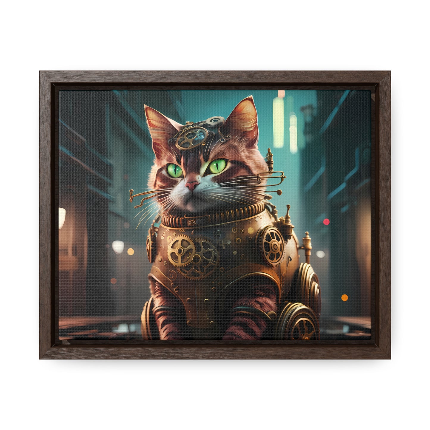 Clockwork Feline: Guardian of the Neon Alley - Gallery Canvas Wraps, Horizontal Frame