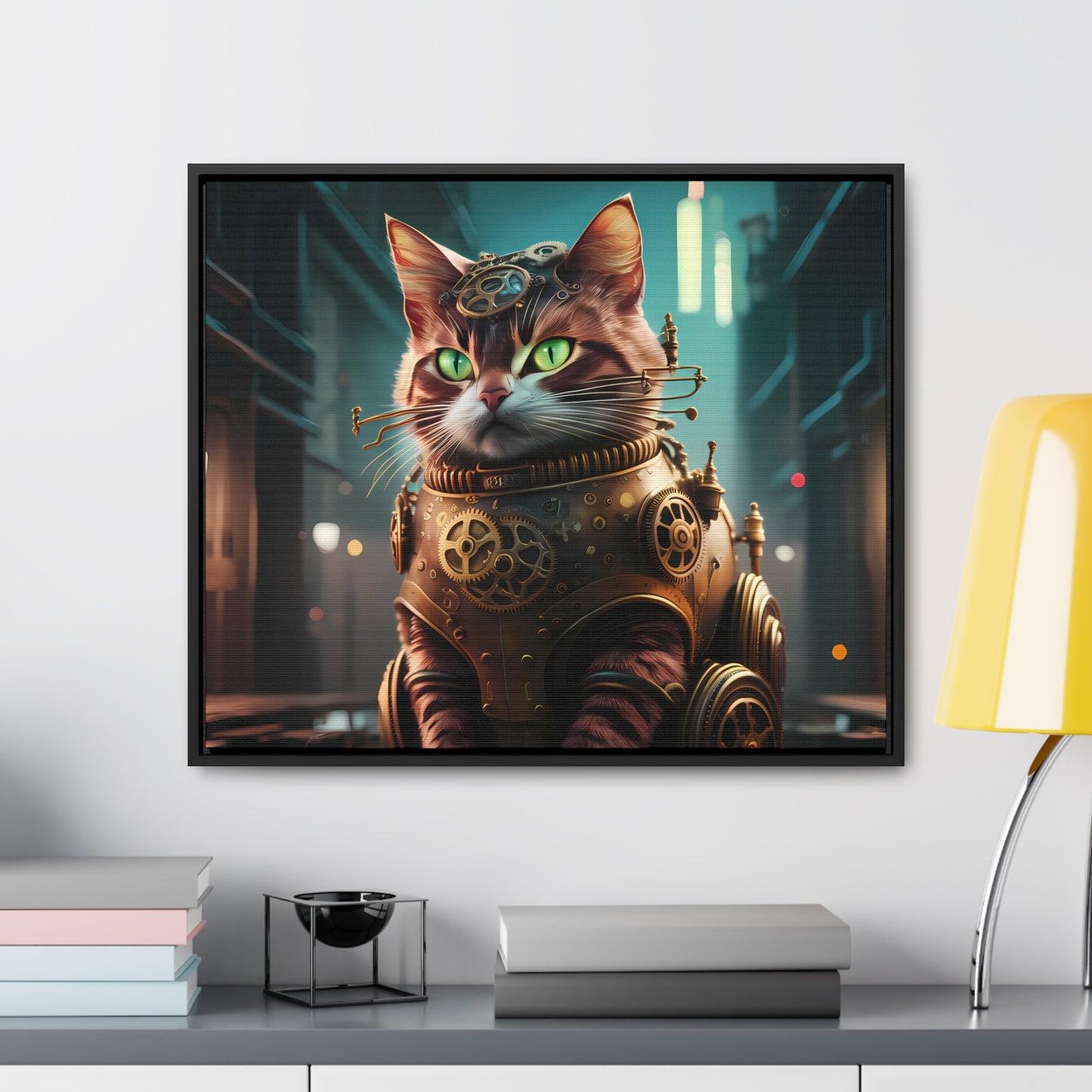 Clockwork Feline: Guardian of the Neon Alley - Gallery Canvas Wraps, Horizontal Frame